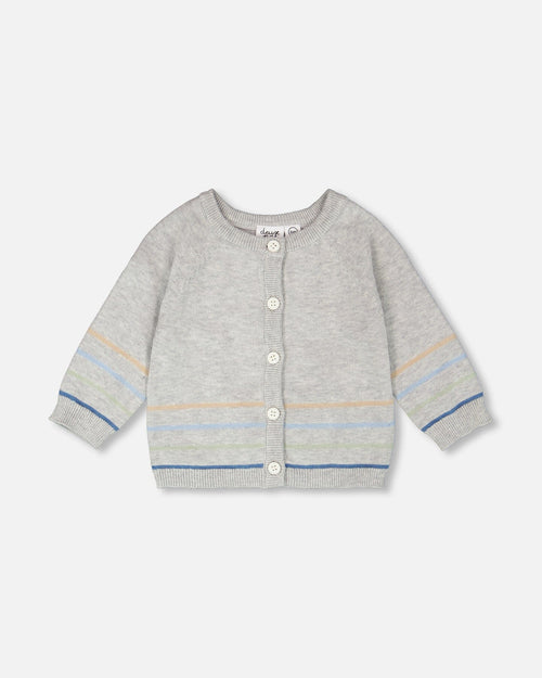 Cotton Knit Striped Button Front Cardigan Light Heather Grey - H30BT31_01910
