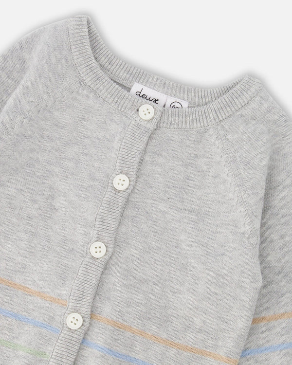 Cotton Knit Striped Button Front Cardigan Light Heather Grey - H30BT31_01910