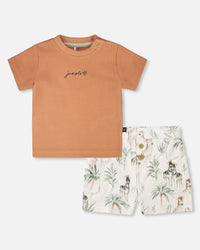 Cotton Rib Jersey T-Shirt And Organic Cotton Jersey Short Set Caramel And Beige Zebra Print Sets Deux par Deux 