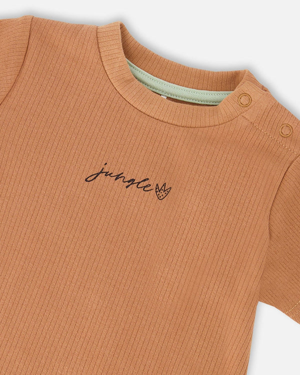 Cotton Rib Jersey T-Shirt And Organic Cotton Jersey Short Set Caramel And Beige Zebra Print - H30C11_01080