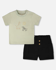 Cotton Rib Jersey T-Shirt And Organic Cotton Jersey Short Set Sage Green And Black - H30C11_03011