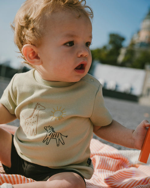 Cotton Rib Jersey T-Shirt And Organic Cotton Jersey Short Set Sage Green And Black - H30C11_03011