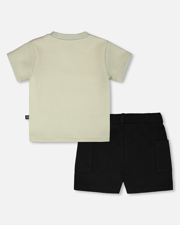 Cotton Rib Jersey T-Shirt And Organic Cotton Jersey Short Set Sage Green And Black - H30C11_03011