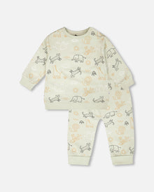 Organic Cotton Jersey Sweater And Pants Set Sage Green Animal Print Sets Deux par Deux 