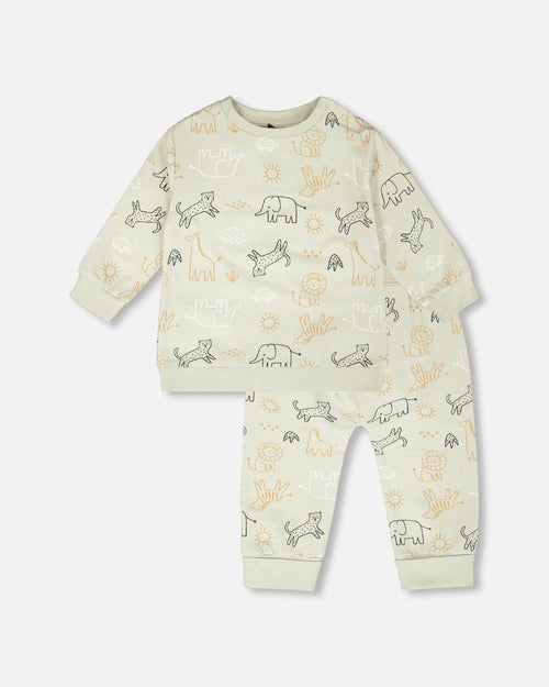 Organic Cotton Jersey Sweater And Pants Set Sage Green Animal Print Sets Deux par Deux 
