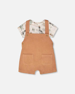 Organic Cotton Jersey Onesie And Cotton Rib Shortall Set Beige Zebra Print And Caramel - H30C13_3H054
