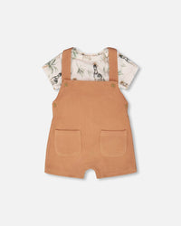 Organic Cotton Jersey Onesie And Cotton Rib Shortall Set Beige Zebra Print And Caramel - H30C13_3H054