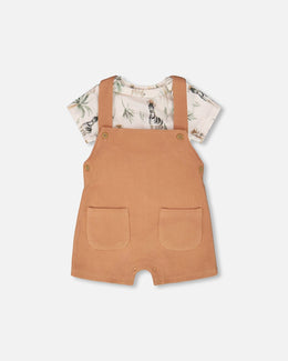 Organic Cotton Jersey Onesie And Cotton Rib Shortall Set Beige Zebra Print And Caramel - H30C13_3H054