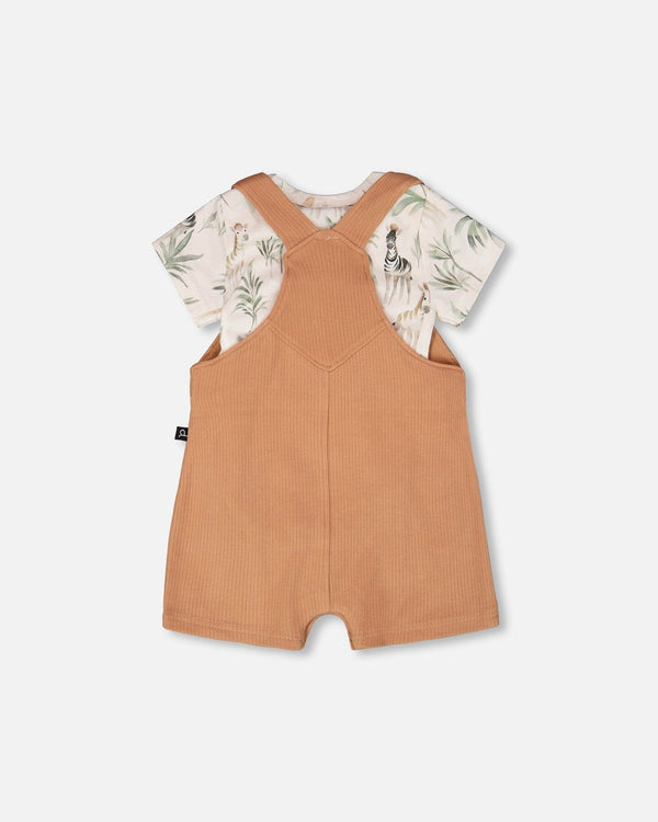 Organic Cotton Jersey Onesie And Cotton Rib Shortall Set Beige Zebra Print And Caramel - H30C13_3H054