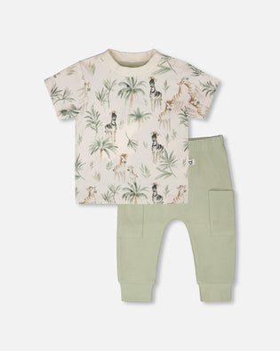 Organic Cotton Jersey T-Shirt And Cotton Rib Pants Set Beige Zebra Print And Sage Green - H30C14_3H054