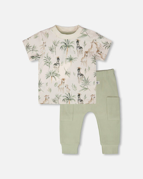 Organic Cotton Jersey T-Shirt And Cotton Rib Pants Set Beige Zebra Print And Sage Green - H30C14_3H054