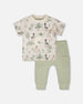 Organic Cotton Jersey T-Shirt And Cotton Rib Pants Set Beige Zebra Print And Sage Green - H30C14_3H054