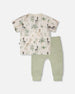 Organic Cotton Jersey T-Shirt And Cotton Rib Pants Set Beige Zebra Print And Sage Green - H30C14_3H054