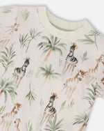 Organic Cotton Jersey T-Shirt And Cotton Rib Pants Set Beige Zebra Print And Sage Green - H30C14_3H054