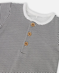 Cotton Jersey Romper Black And Off White Stripes One-Piece & Baby Rompers Deux par Deux 