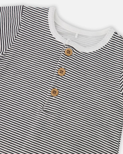 Cotton Jersey Romper Black And Off White Stripes One-Piece & Baby Rompers Deux par Deux 