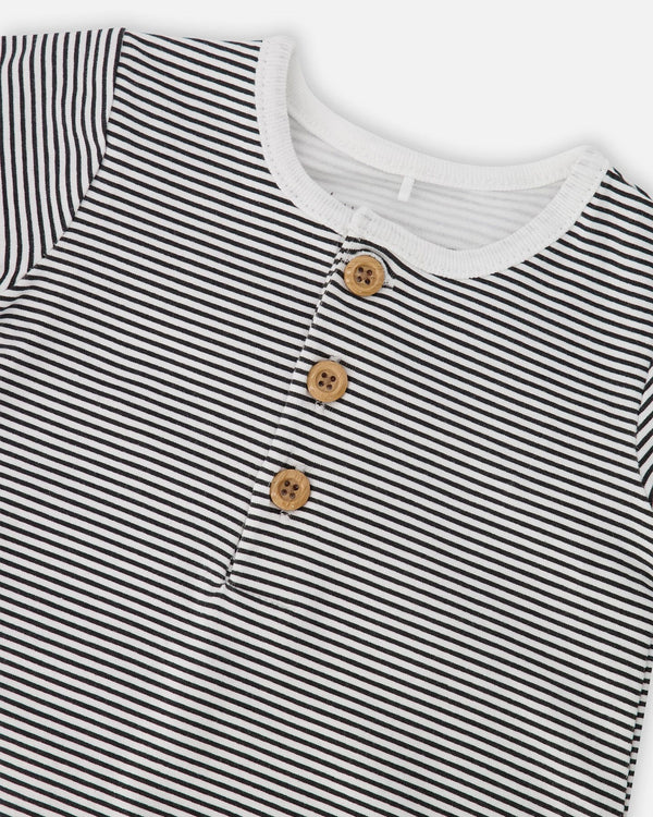 Cotton Jersey Romper Black And Off White Stripes One-Piece & Baby Rompers Deux par Deux 