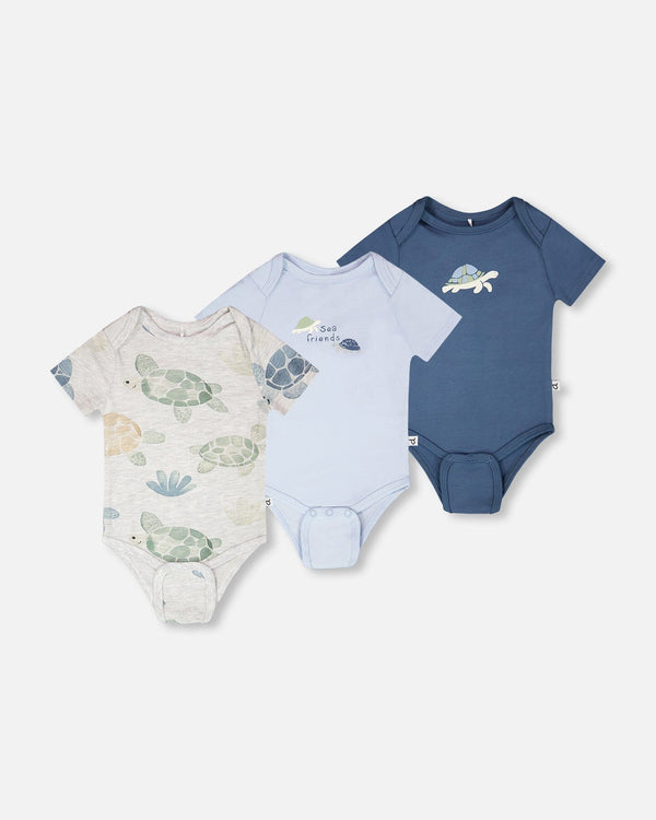 3 Pack Evolutive Organic Cotton Jersey Onesies Grey Mix Turtle Print - H30C71_04770