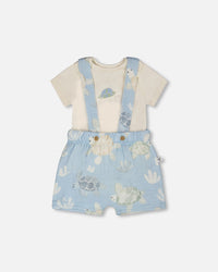 Organic Cotton Jersey Onesie And Muslin Shortall Set White And Blue Turtle Print - H30D11_3H061