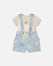 Organic Cotton Jersey Onesie And Muslin Shortall Set White And Blue Turtle Print - H30D11_3H061