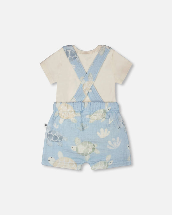 Organic Cotton Jersey Onesie And Muslin Shortall Set White And Blue Turtle Print - H30D11_3H061