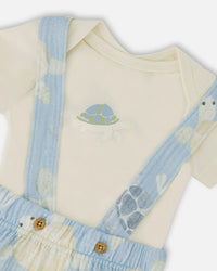 Organic Cotton Jersey Onesie And Muslin Shortall Set White And Blue Turtle Print - H30D11_3H061