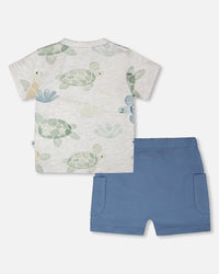 Jersey T-Shirt And Organic Cotton Jersey Shorts Set Grey Mix Turtle Print And Medium Blue - H30D13_3H060