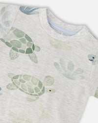 Jersey T-Shirt And Organic Cotton Jersey Shorts Set Grey Mix Turtle Print And Medium Blue - H30D13_3H060