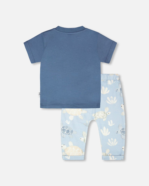 Organic Cotton Jersey T-Shirt And Pants Set Medium Blue And Blue Turtle Print - H30D14_04770