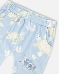 Organic Cotton Jersey T-Shirt And Pants Set Medium Blue And Blue Turtle Print - H30D14_04770