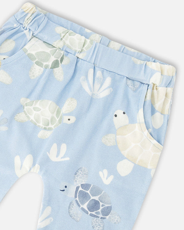 Organic Cotton Jersey T-Shirt And Pants Set Medium Blue And Blue Turtle Print - H30D14_04770