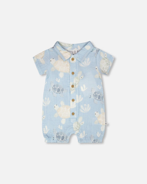 Muslin Romper Blue Turtle Print - H30D41_3H061