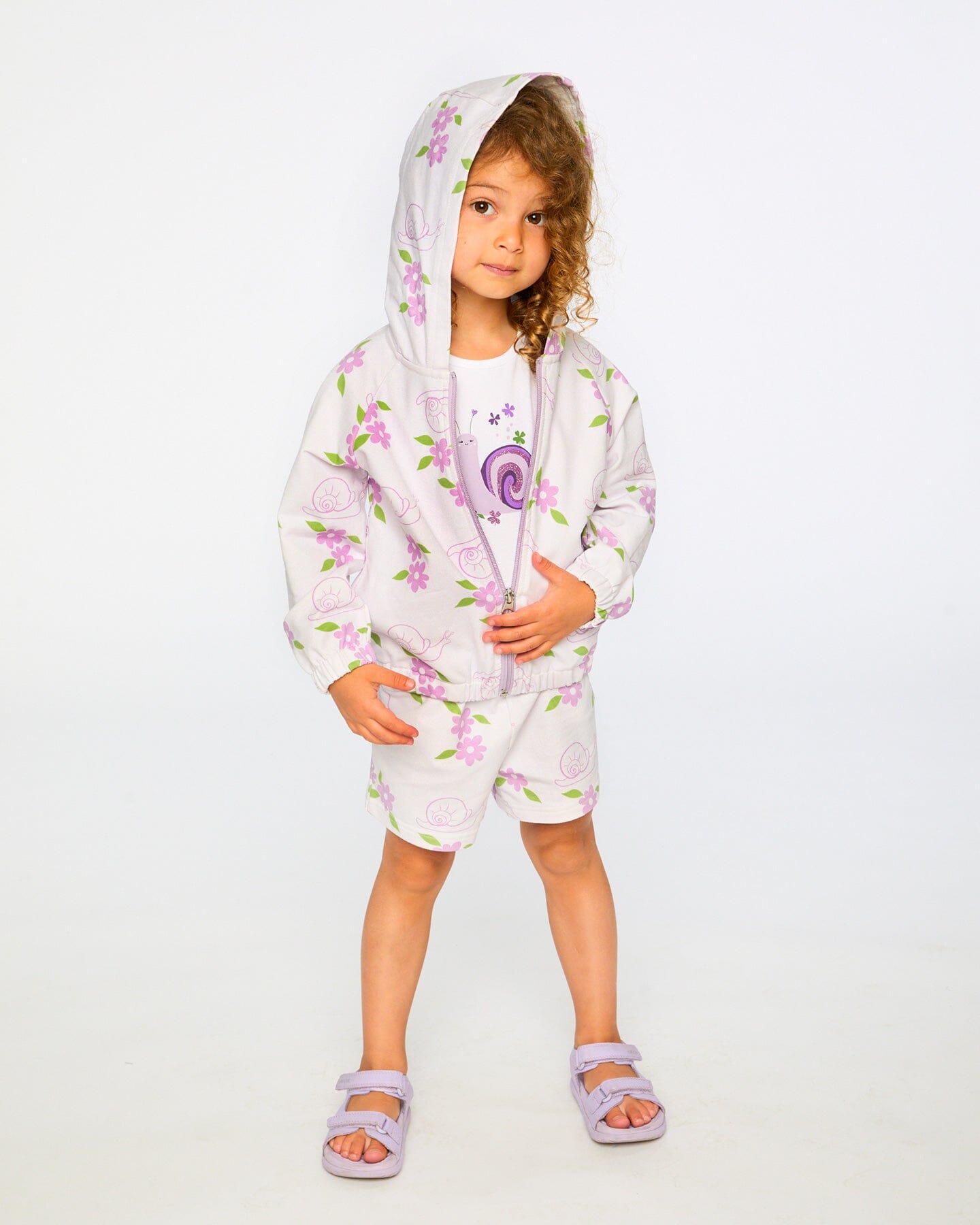 French Terry Hooded Cardigan Lilac Snails Print - H30E30_3H109