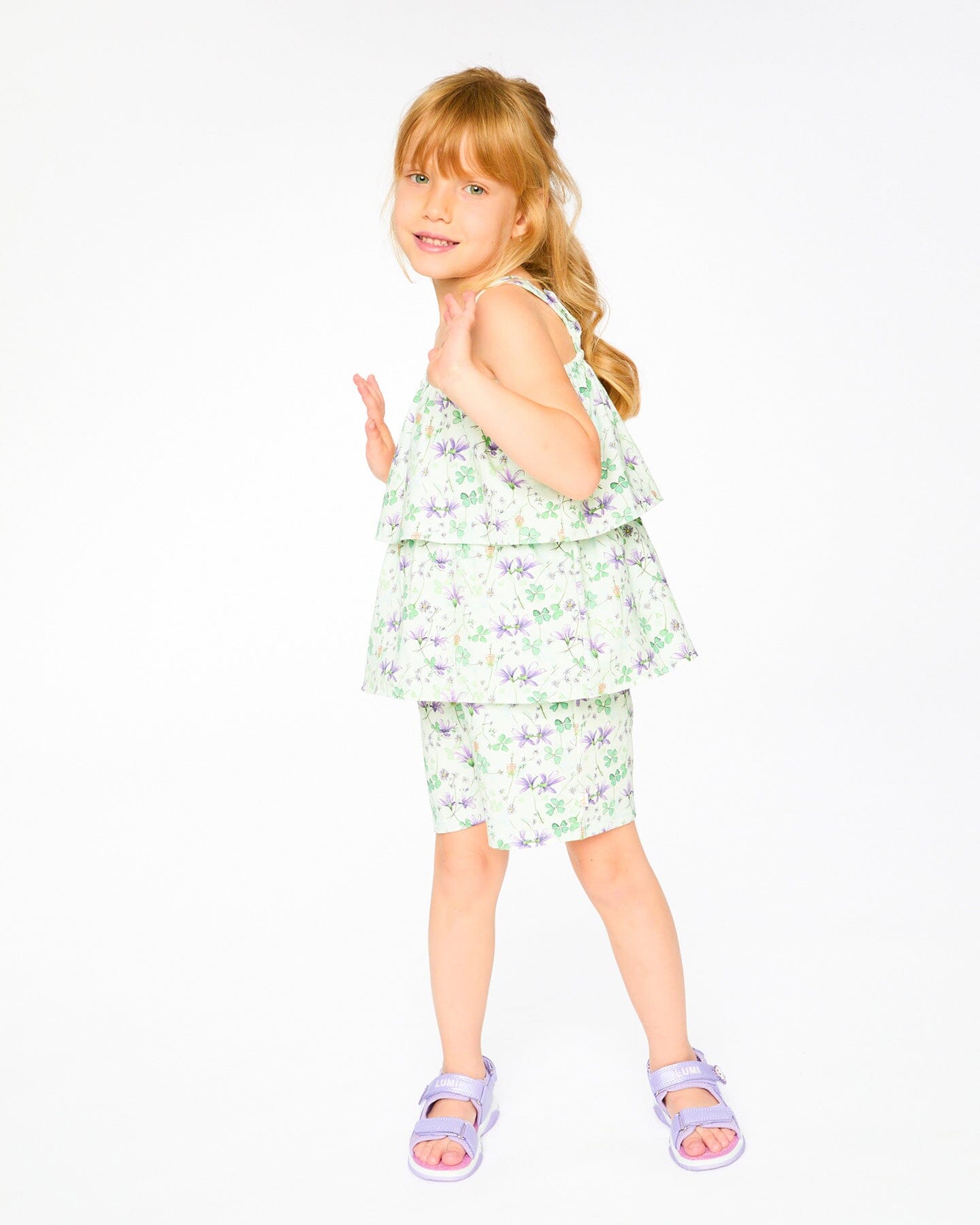 Jersey Romper With Tiers Green Printed Flowers - H30E40_3H048