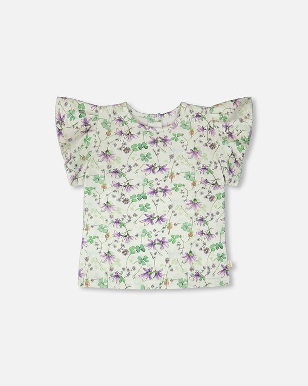 Jersey T-Shirt Green Printed Flowers - H30E70_3H048