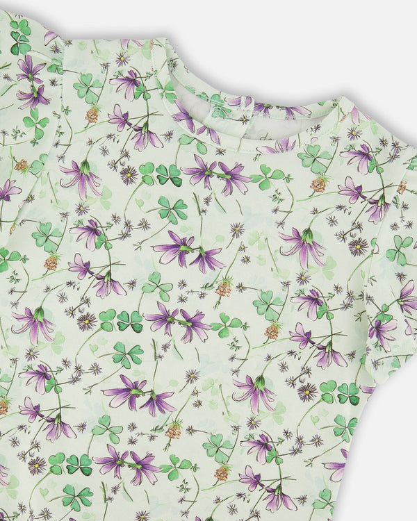 Jersey T-Shirt Green Printed Flowers - H30E70_3H048