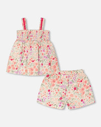 Tank Top With Smocking And Shorts Set In Muslin Off White Printed Flowers - H30F10_3H050