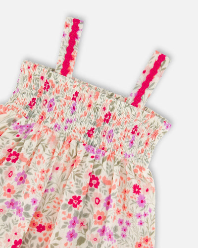 Tank Top With Smocking And Shorts Set In Muslin Off White Printed Flowers - H30F10_3H050