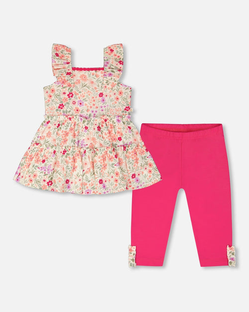 Tunic And Organic Cotton Capri Set Off White Printed Flowers And Pink - H30F11_3H050