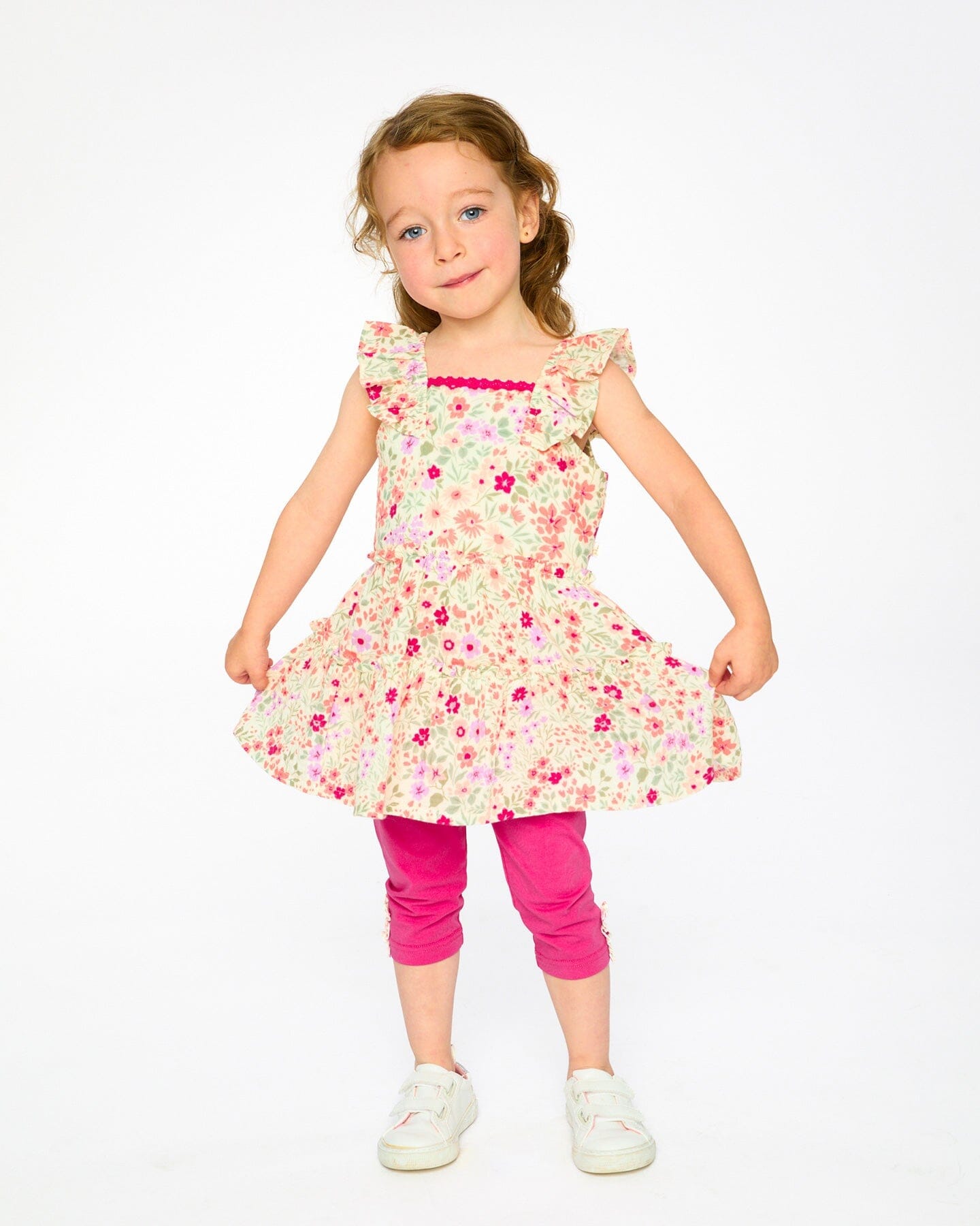Tunic And Organic Cotton Capri Set Off White Printed Flowers And Pink - H30F11_3H050