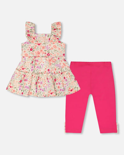 Tunic And Organic Cotton Capri Set Off White Printed Flowers And Pink - H30F11_3H050