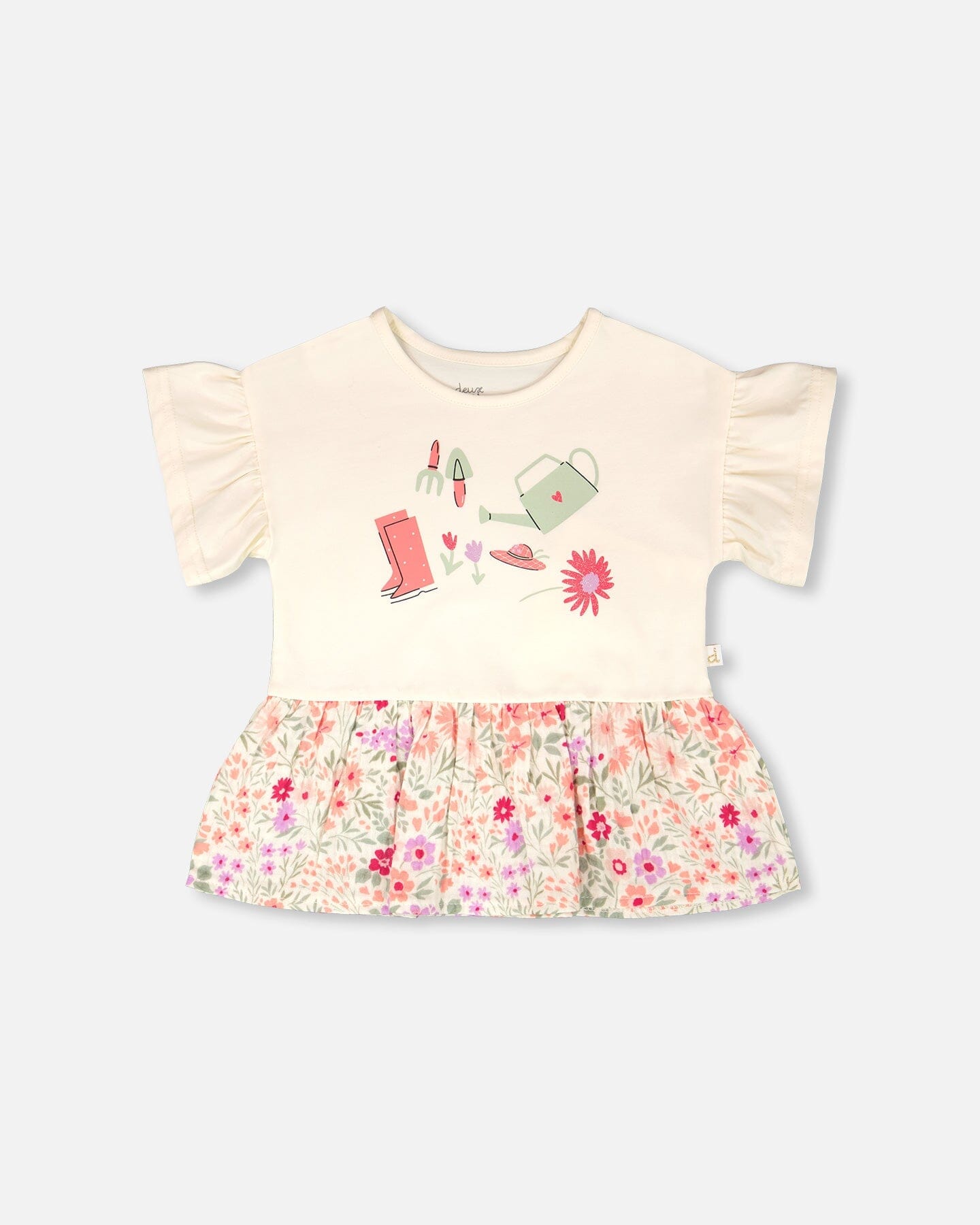 Organic Cotton Bi-Material Tunic Beige Flowers Print - H30F71_01070