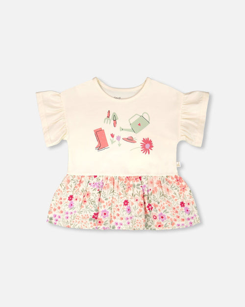 Organic Cotton Bi-Material Tunic Beige Flowers Print - H30F71_01070
