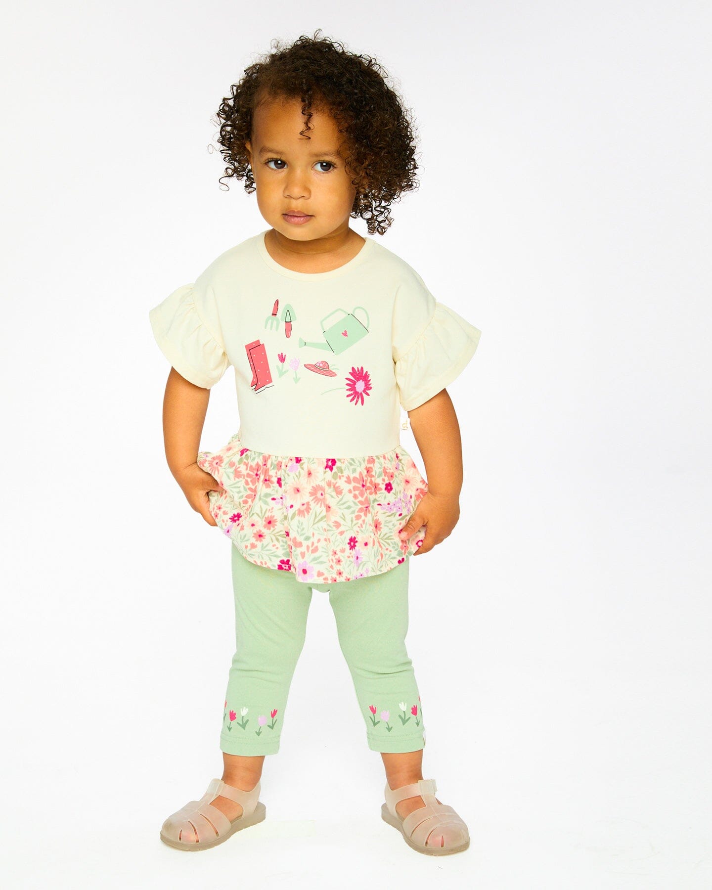 Organic Cotton Bi-Material Tunic Beige Flowers Print - H30F71_01070