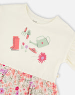 Organic Cotton Bi-Material Tunic Beige Flowers Print - H30F71_01070