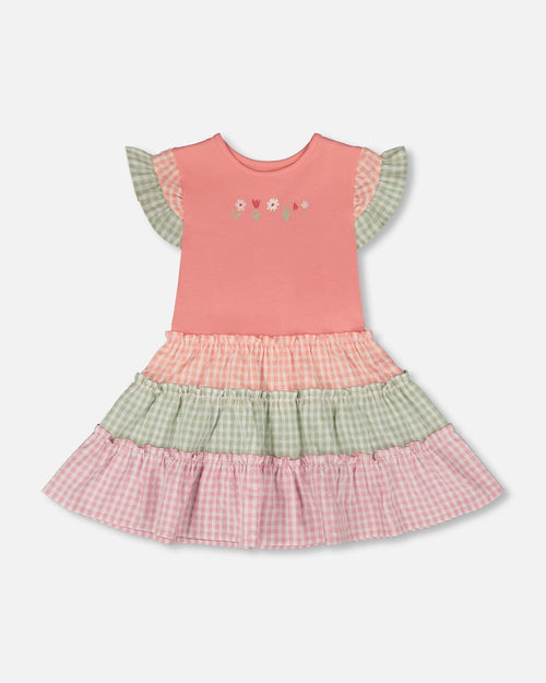 Organic Cotton Bi-Material Dress Coral And Gingham - H30F85_06860