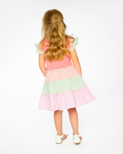Organic Cotton Bi-Material Dress Coral And Gingham - H30F85_06860