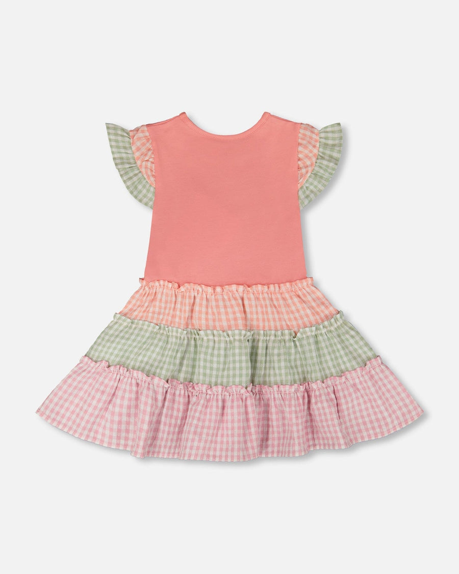 Organic Cotton Bi-Material Dress Coral And Gingham - H30F85_06860