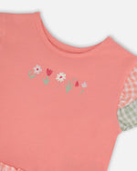 Organic Cotton Bi-Material Dress Coral And Gingham - H30F85_06860