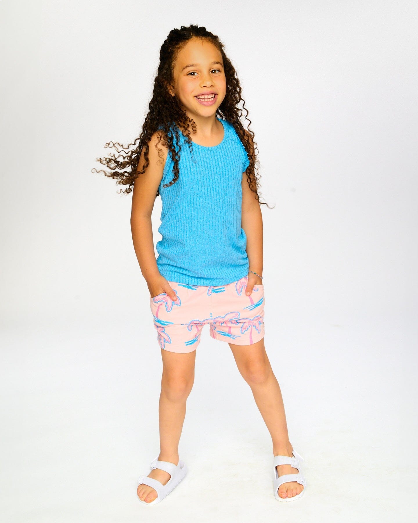 French Terry Shorts Light Pink Palm Print - H30G26_3H112